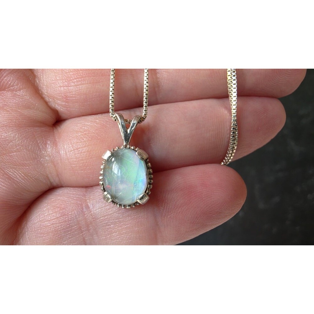 Italian 925 Sterling Silver Faux Opal Oval Shaped Necklace Vintage